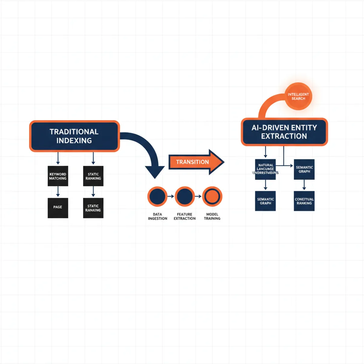 Flowchart showing the transition from traditional search indexing to AI-driven entity extraction