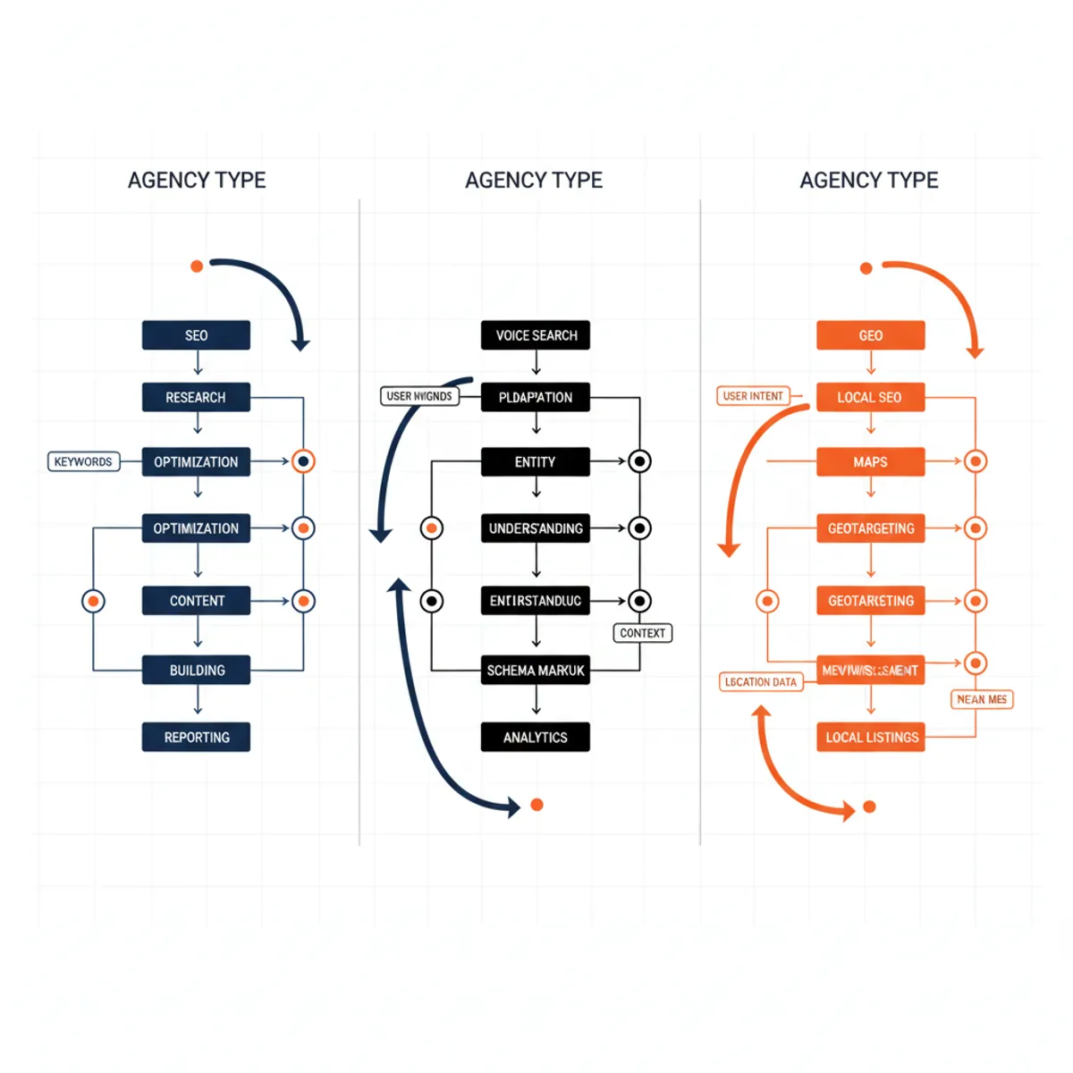 Comparison chart showing the workflow differences between SEO, AEO, and GEO agencies.
